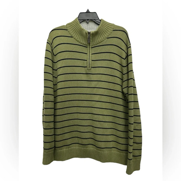 LL Bean Cotton Quarter Zip Mock Neck Sweater Men’s Size Large Olive Green Stripe - Picture 1 of 5